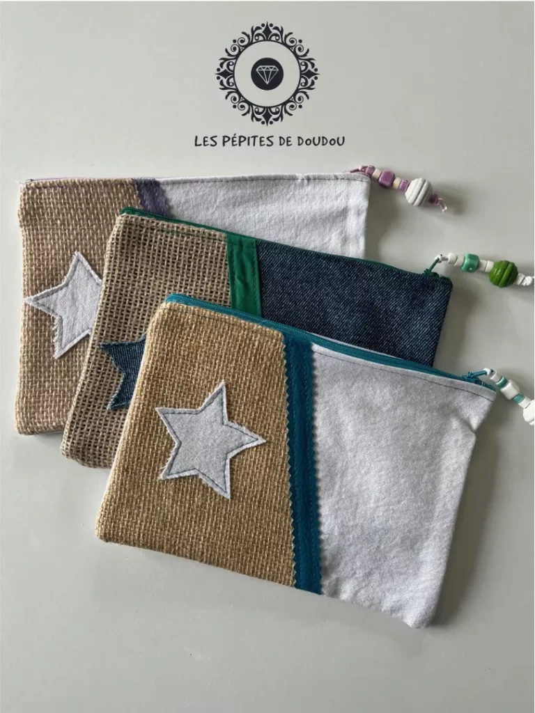 Pochette trousse étoile jute et jean 3 exemplaires