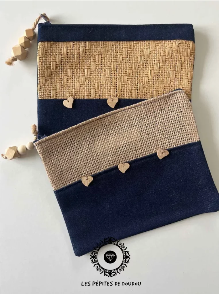 Pochette trousse jean paille jute