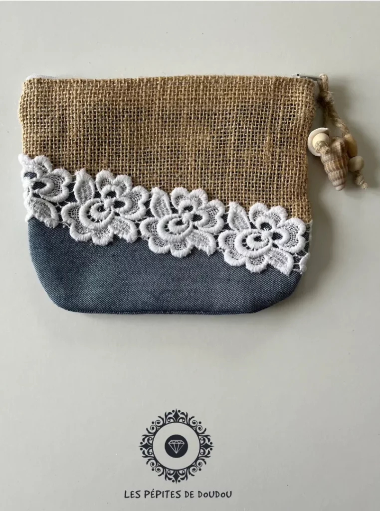 Pochette trousse jute jean et dentelle