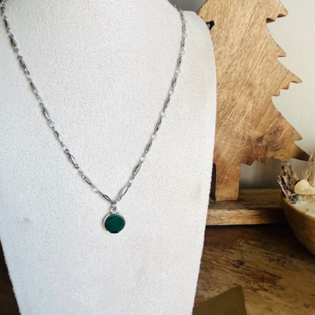 Collier MALACHITE argenté - Pierre naturelle
